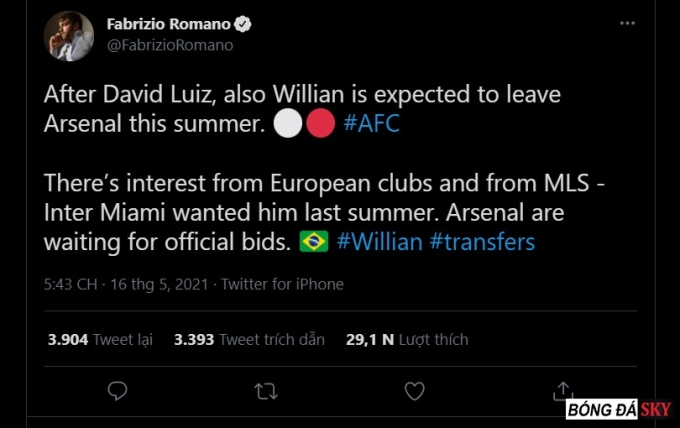 Bất ngờ rộ tin Willian muốn nối gót bạn thân Luiz chia tay Arsenal
