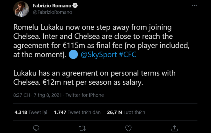NÓNG: Chelsea và Inter Milan thống nhất mức phí chuyển nhượng Lukaku