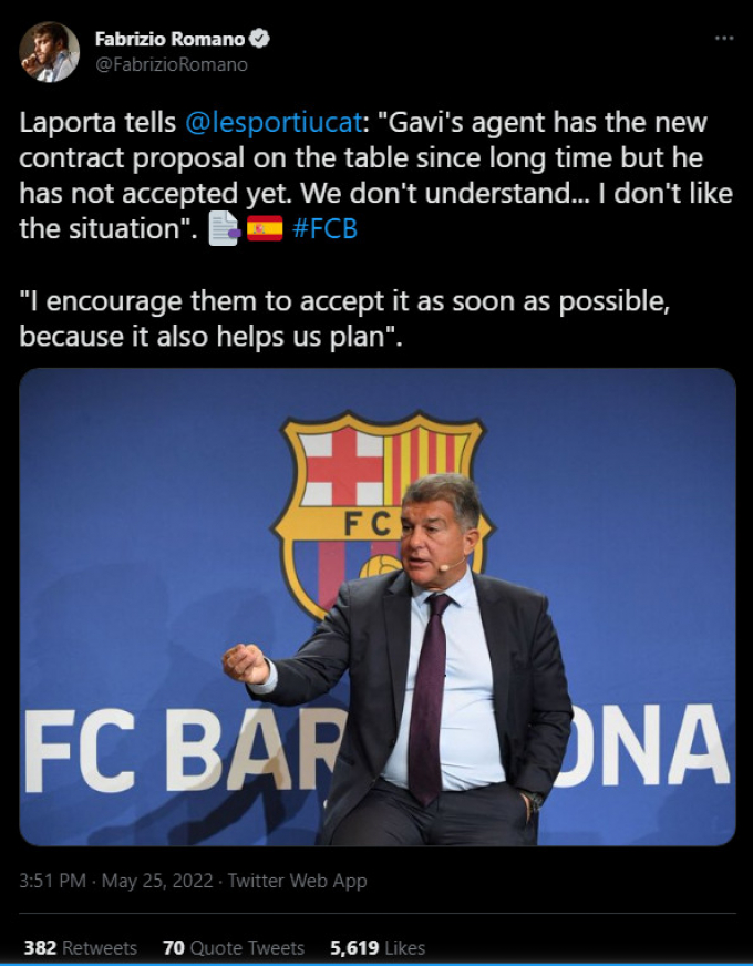 Vì người đại diện, Gavi mãi vẫn chưa gia hạn hợp đồng với Barca