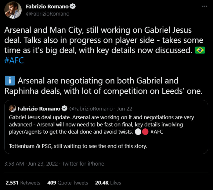 Romano xác nhận Arsenal đang ’chốt đơn’ bộ đôi 100 triệu bảng