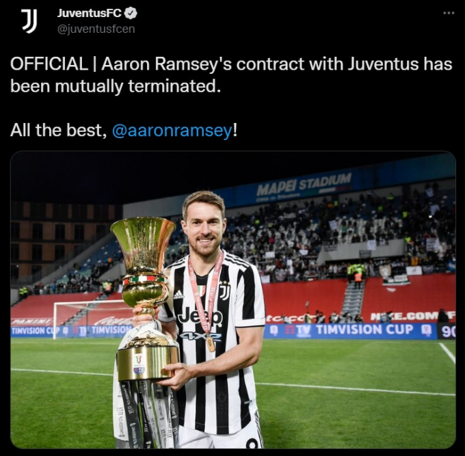 Aaron Ramsey chính thức chấm dứt hợp đồng với Juventus