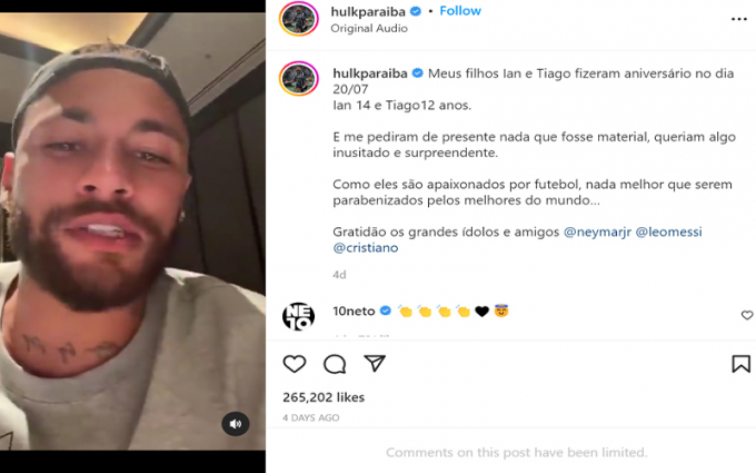 Neymar, Lionel Messi, Cristiano Ronaldo gửi video chúc mừng sinh nhật con trai của Hulk