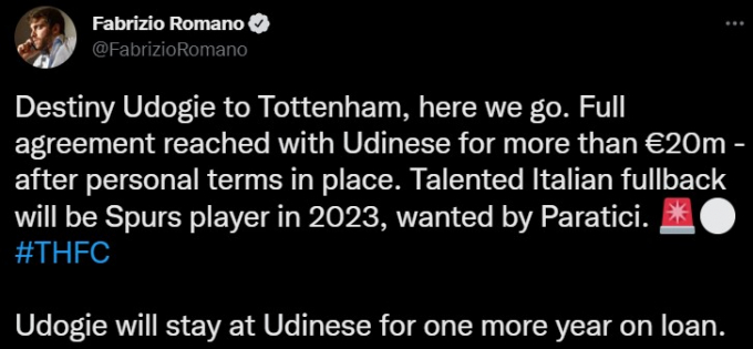 Fabrizio Romano đọc lệnh, Tottenham chiêu mộ thành công Destiny Udogie