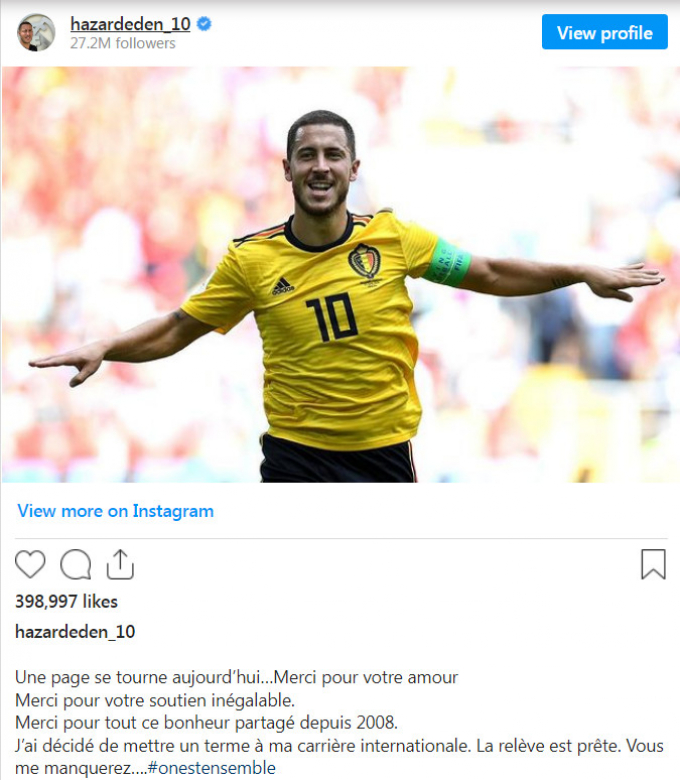 Eden Hazard tuyên bố giã từ sự nghiệp quốc tế sau World Cup 2022