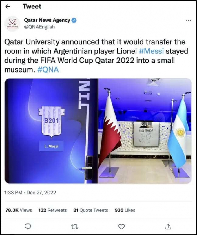 Qatar xây bảo tàng từ phòng ngủ của Messi tại World Cup 2022