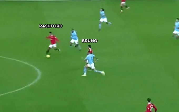 Lý do Rashford không bị việt vị trong bàn thắng gây tranh cãi của Bruno trước Man City