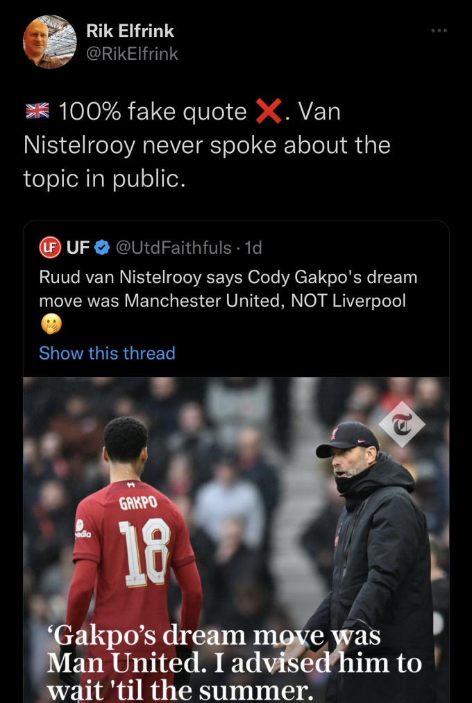 Thực hư tin đồn Cody Gakpo cãi lời Van Nistelrooy để gia nhập Liverpool