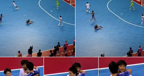 <b>Bỏ bóng khi đối mặt thủ môn</b>, sao futsal Indonesia được cầu thủ Nhật Bản ôm